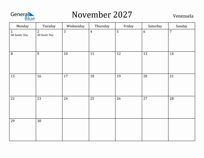 November 2027 Calendar Venezuela