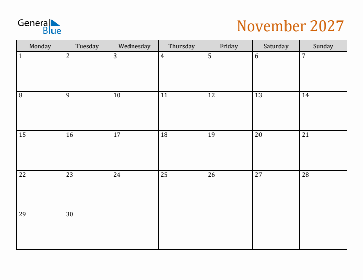 Editable November 2027 Calendar