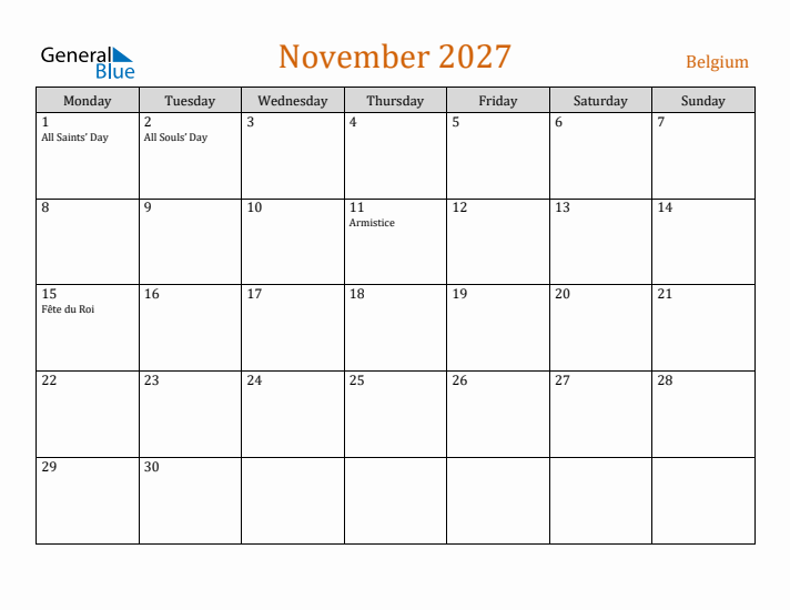 November 2027 Holiday Calendar with Monday Start