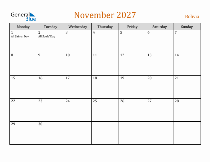 November 2027 Holiday Calendar with Monday Start