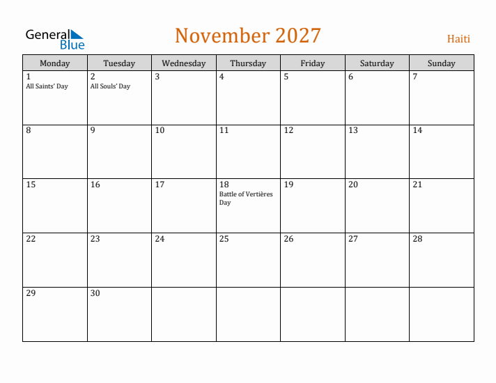 November 2027 Holiday Calendar with Monday Start