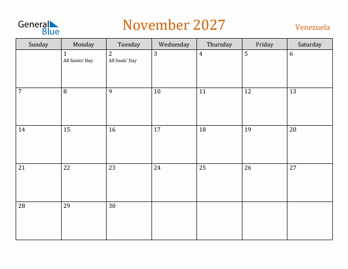 November 2027 Holiday Calendar with Sunday Start
