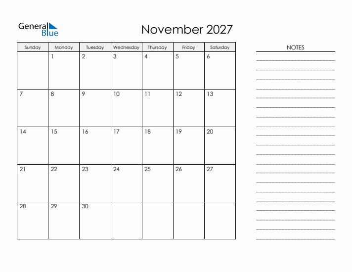 Printable Monthly Calendar with Notes - November 2027