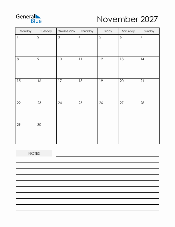 Printable Calendar with Notes - November 2027 