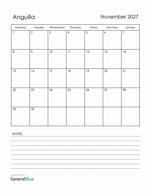 November 2027 Anguilla Calendar with Holidays (Monday Start)