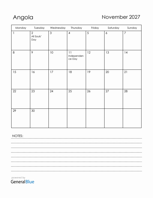 November 2027 Angola Calendar with Holidays (Monday Start)