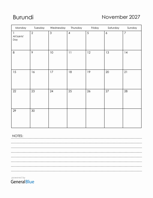 November 2027 Burundi Calendar with Holidays (Monday Start)