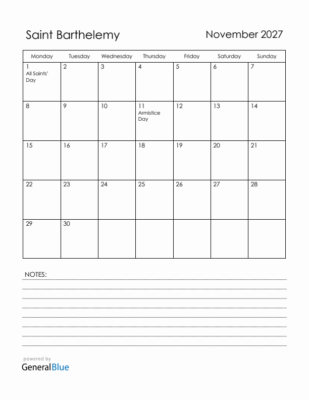 November 2027 Saint Barthelemy Calendar with Holidays (Monday Start)