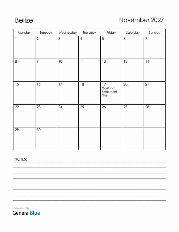 November 2027 Belize Calendar with Holidays (Monday Start)