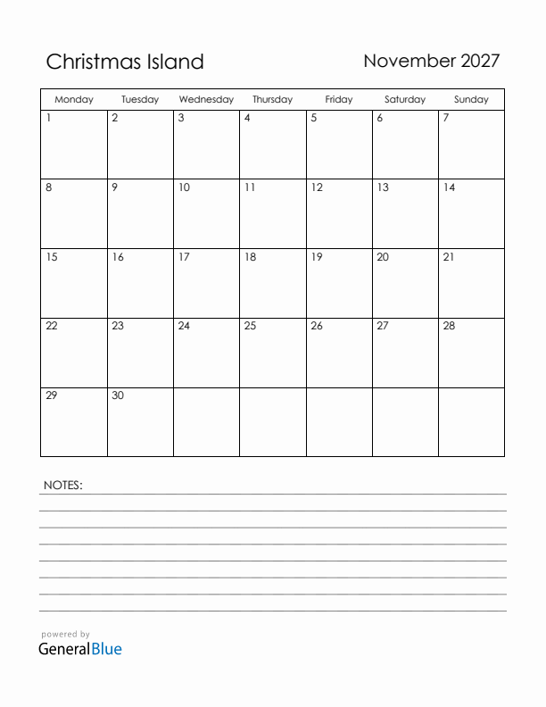 November 2027 Christmas Island Calendar with Holidays (Monday Start)