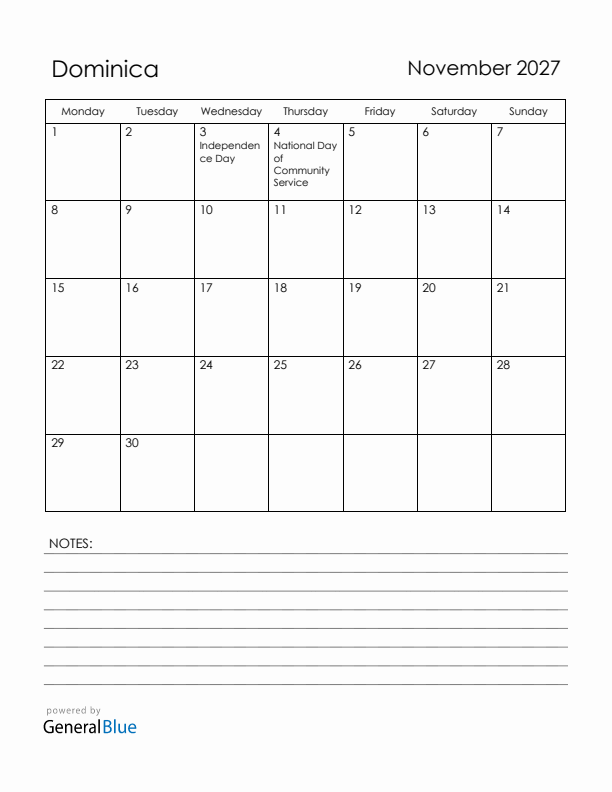 November 2027 Dominica Calendar with Holidays (Monday Start)