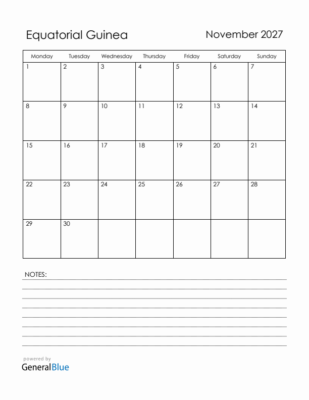 November 2027 Equatorial Guinea Calendar with Holidays (Monday Start)