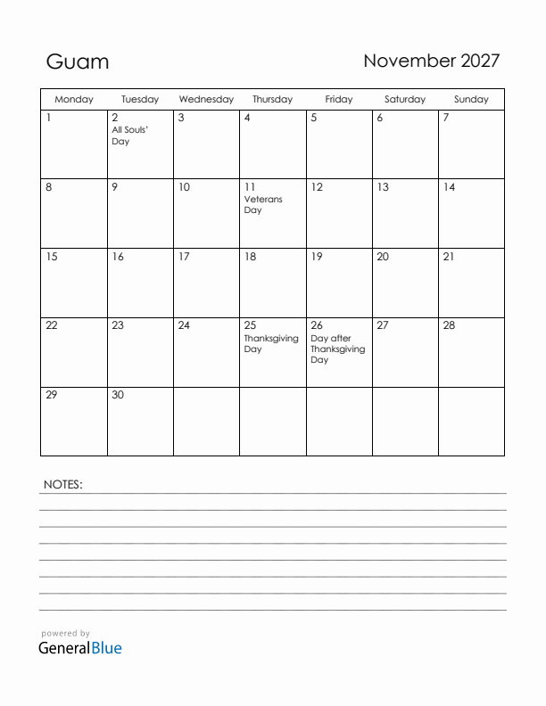 November 2027 Guam Calendar with Holidays (Monday Start)