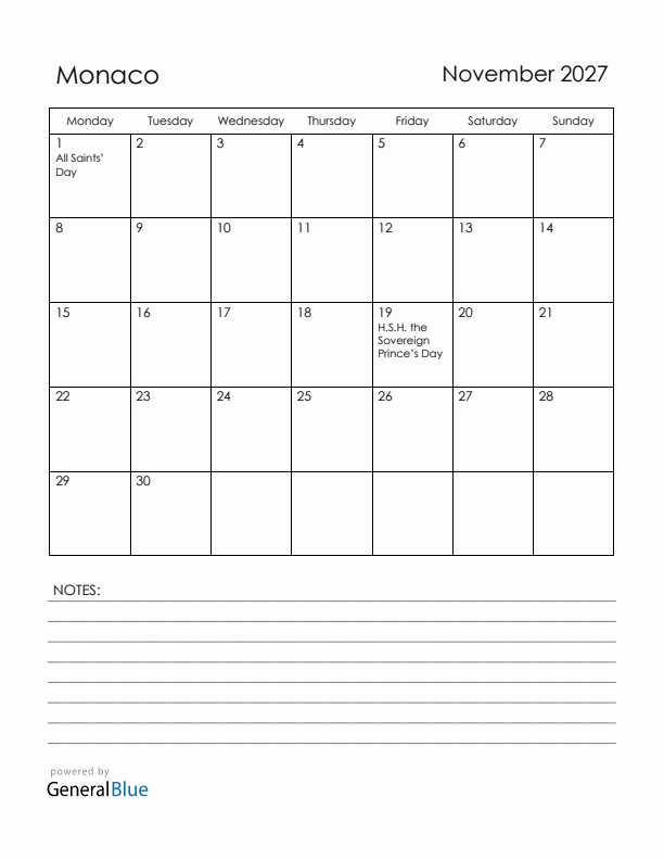November 2027 Monaco Calendar with Holidays (Monday Start)