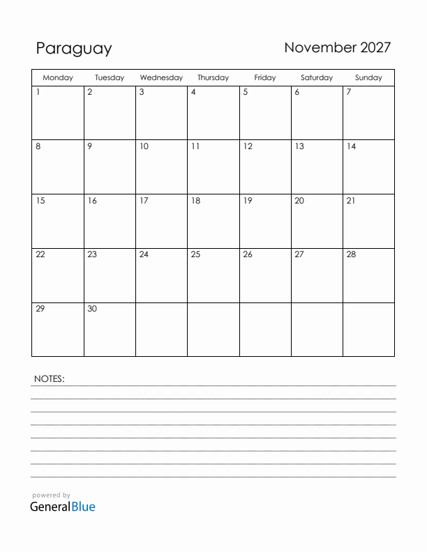 November 2027 Paraguay Calendar with Holidays (Monday Start)