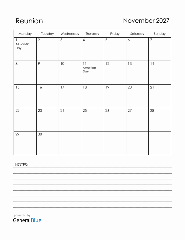 November 2027 Reunion Calendar with Holidays (Monday Start)
