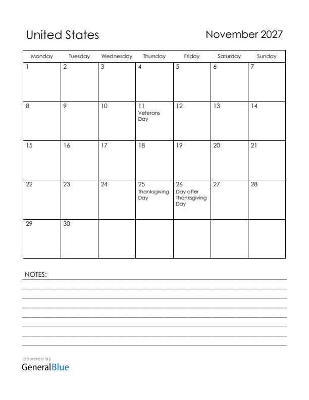 November 2027 United States Calendar with Holidays (Monday Start)