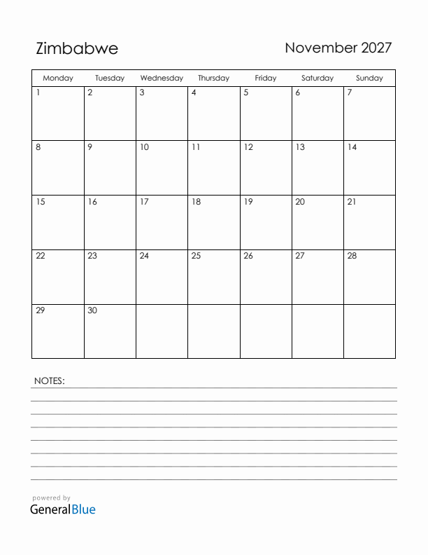 November 2027 Zimbabwe Calendar with Holidays (Monday Start)
