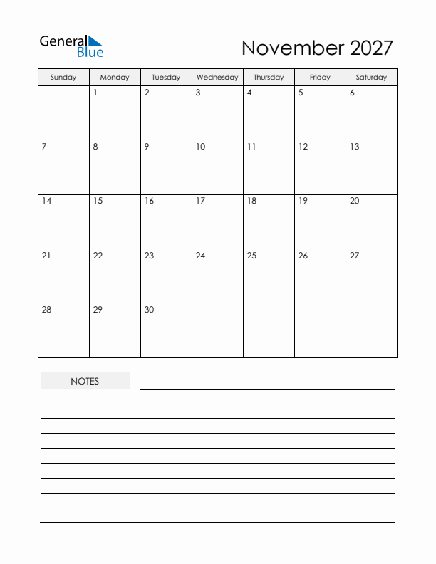 Printable Calendar with Notes - November 2027 