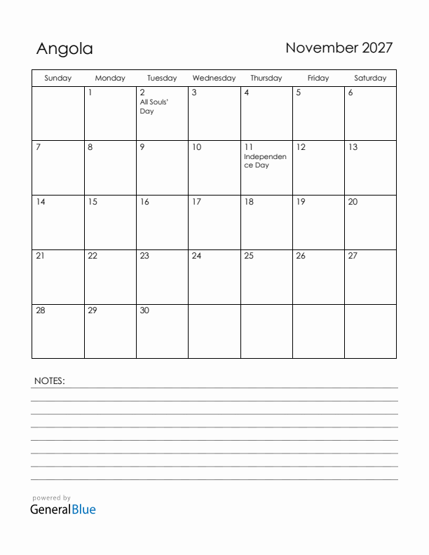 November 2027 Angola Calendar with Holidays (Sunday Start)