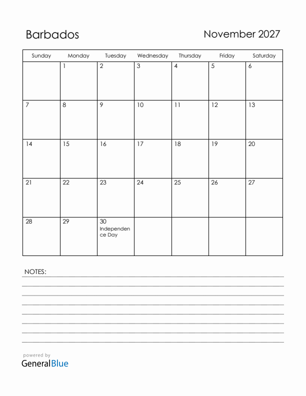 November 2027 Barbados Calendar with Holidays (Sunday Start)