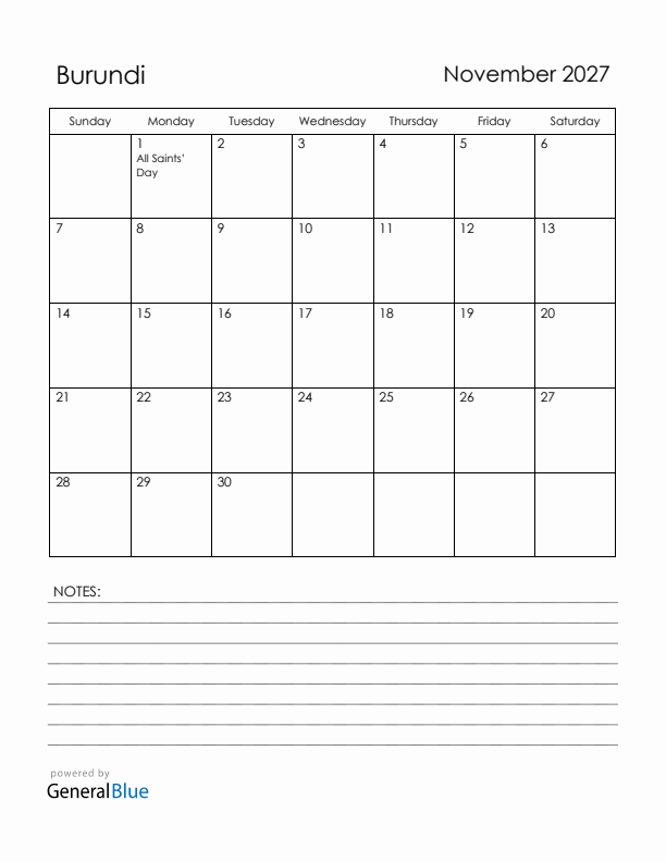 November 2027 Burundi Calendar with Holidays (Sunday Start)