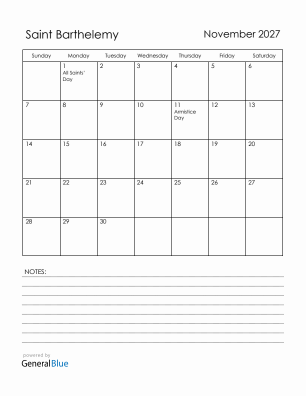 November 2027 Saint Barthelemy Calendar with Holidays (Sunday Start)