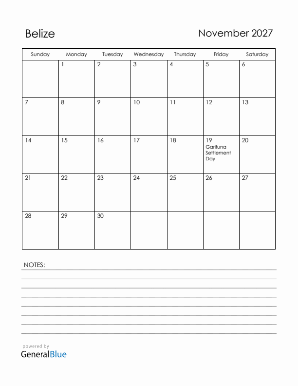 November 2027 Belize Calendar with Holidays (Sunday Start)