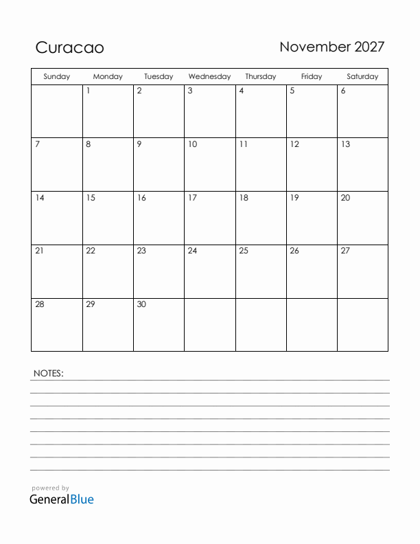 November 2027 Curacao Calendar with Holidays (Sunday Start)