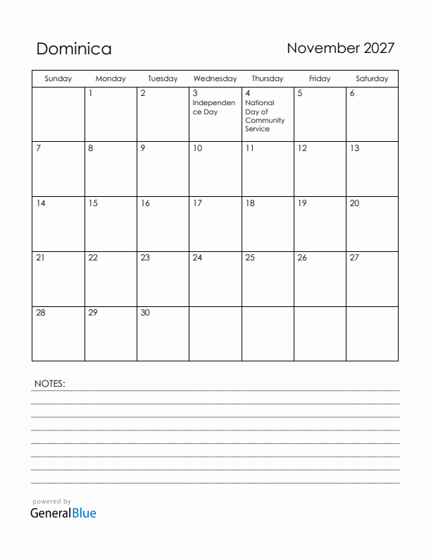 November 2027 Dominica Calendar with Holidays (Sunday Start)