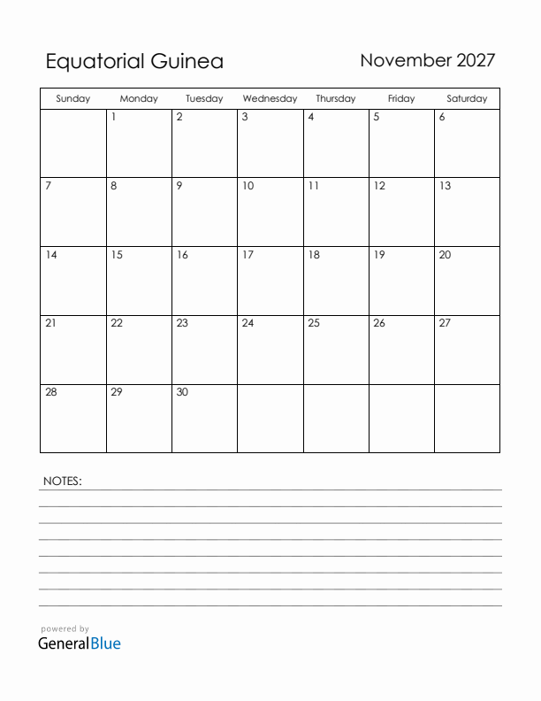 November 2027 Equatorial Guinea Calendar with Holidays (Sunday Start)