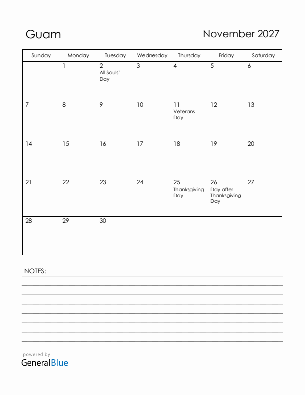 November 2027 Guam Calendar with Holidays (Sunday Start)