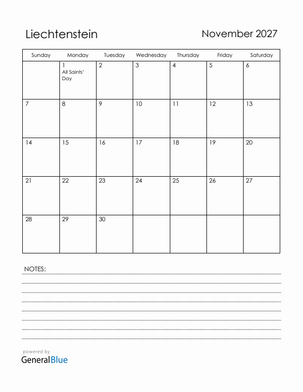 November 2027 Liechtenstein Calendar with Holidays (Sunday Start)