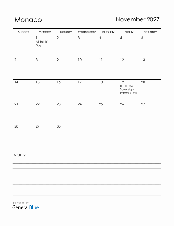 November 2027 Monaco Calendar with Holidays (Sunday Start)