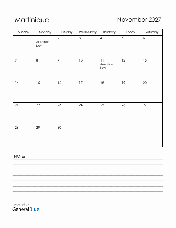 November 2027 Martinique Calendar with Holidays (Sunday Start)