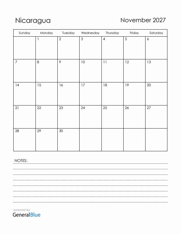 November 2027 Nicaragua Calendar with Holidays (Sunday Start)