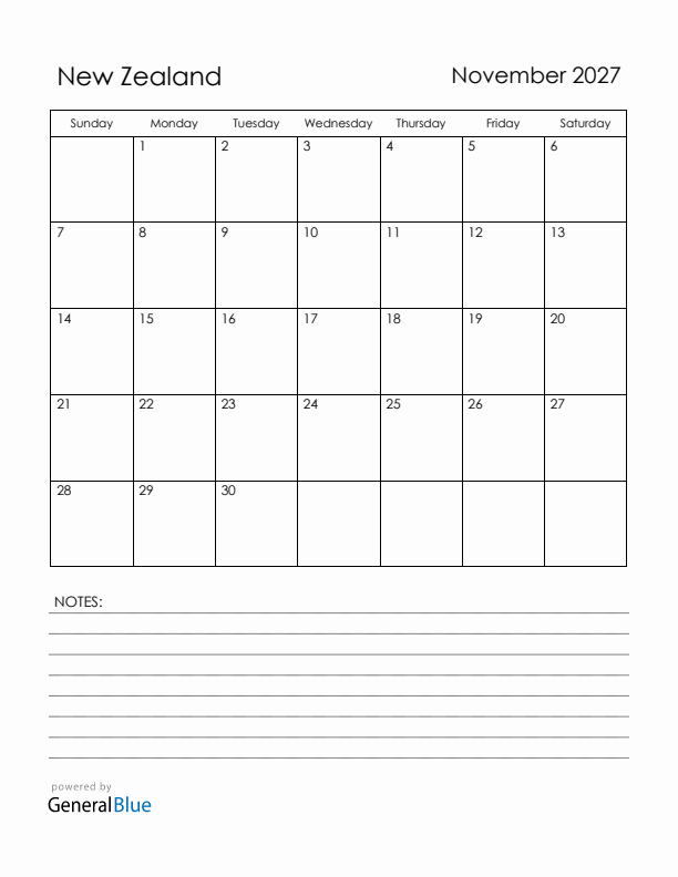 November 2027 New Zealand Calendar with Holidays (Sunday Start)
