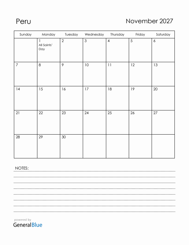 November 2027 Peru Calendar with Holidays (Sunday Start)