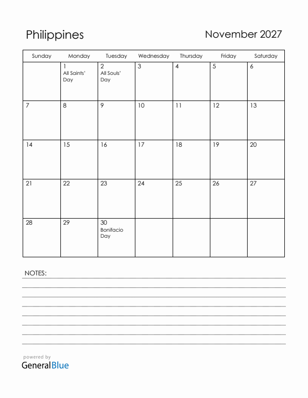 November 2027 Philippines Calendar with Holidays (Sunday Start)