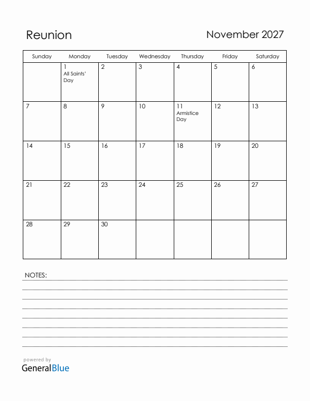 November 2027 Reunion Calendar with Holidays (Sunday Start)