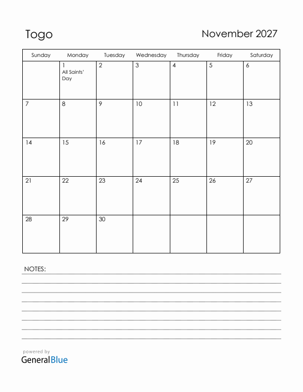 November 2027 Togo Calendar with Holidays (Sunday Start)
