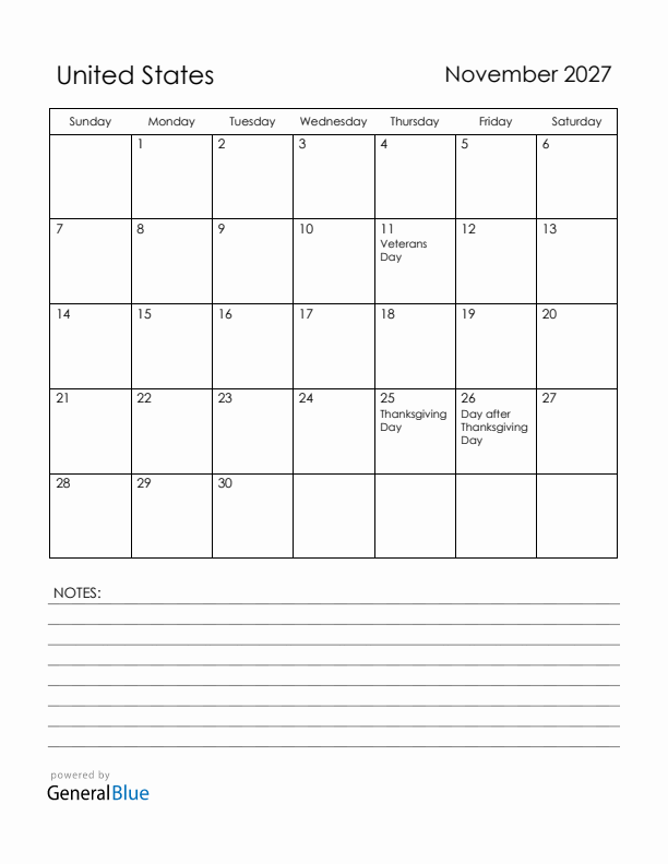 November 2027 United States Calendar with Holidays (Sunday Start)