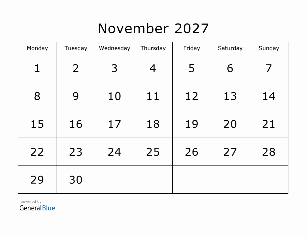 Printable November 2027 Calendar