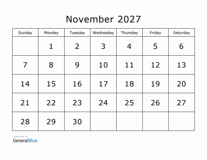 Printable November 2027 Calendar - Sunday Start