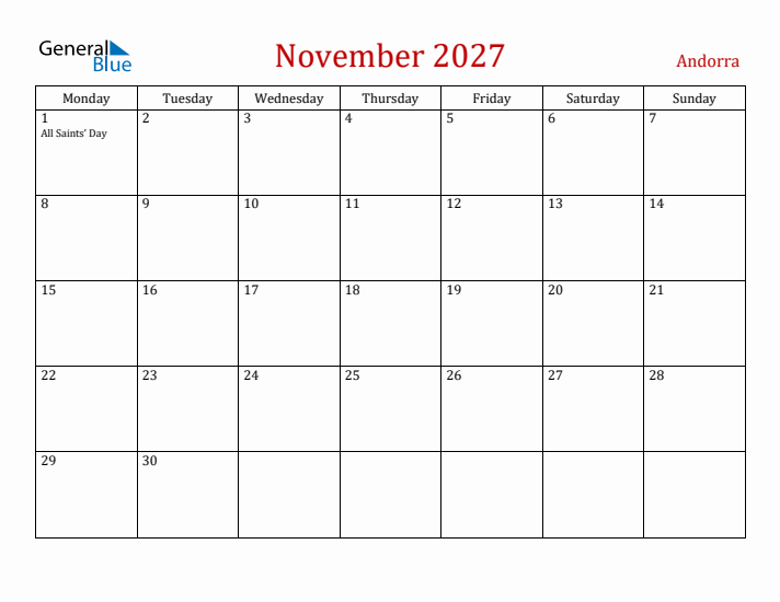 Andorra November 2027 Calendar - Monday Start