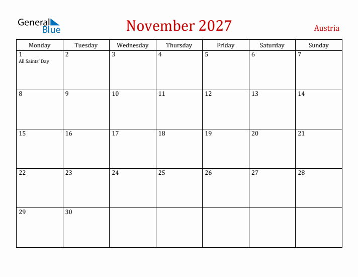 Austria November 2027 Calendar - Monday Start