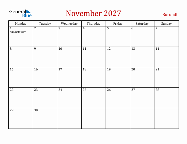 Burundi November 2027 Calendar - Monday Start