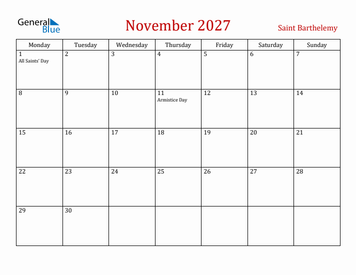 Saint Barthelemy November 2027 Calendar - Monday Start