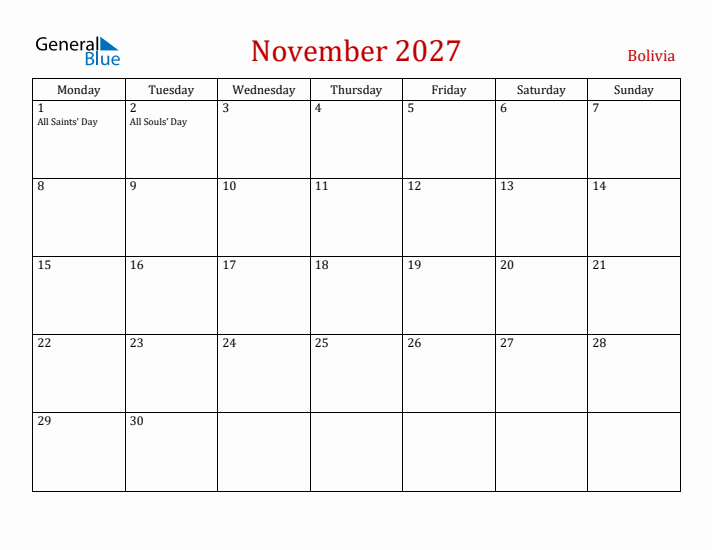 Bolivia November 2027 Calendar - Monday Start