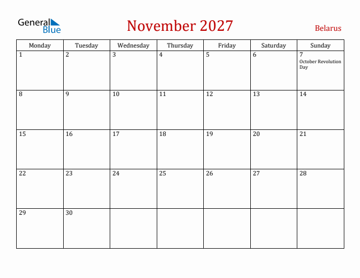 Belarus November 2027 Calendar - Monday Start